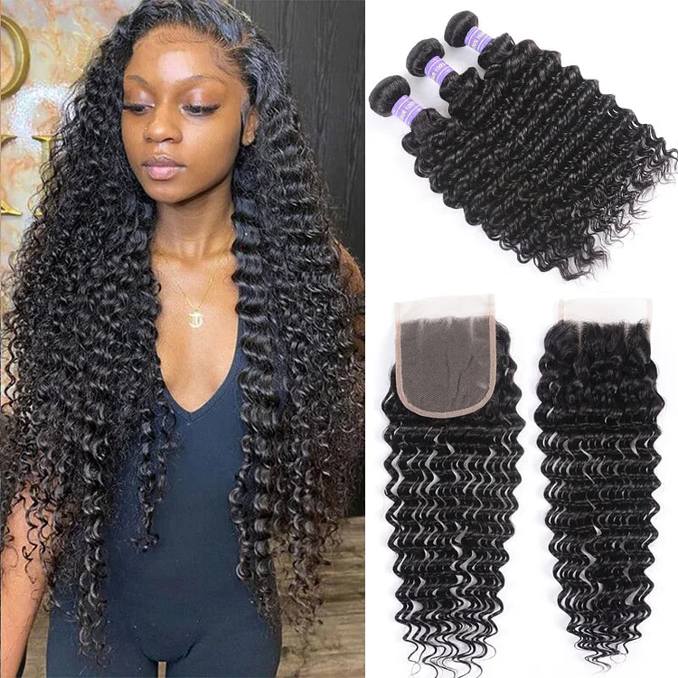 Virgin Hair Brazilian Deep Wave 3 Bundles With Closure 100% Human Hair Youth Series