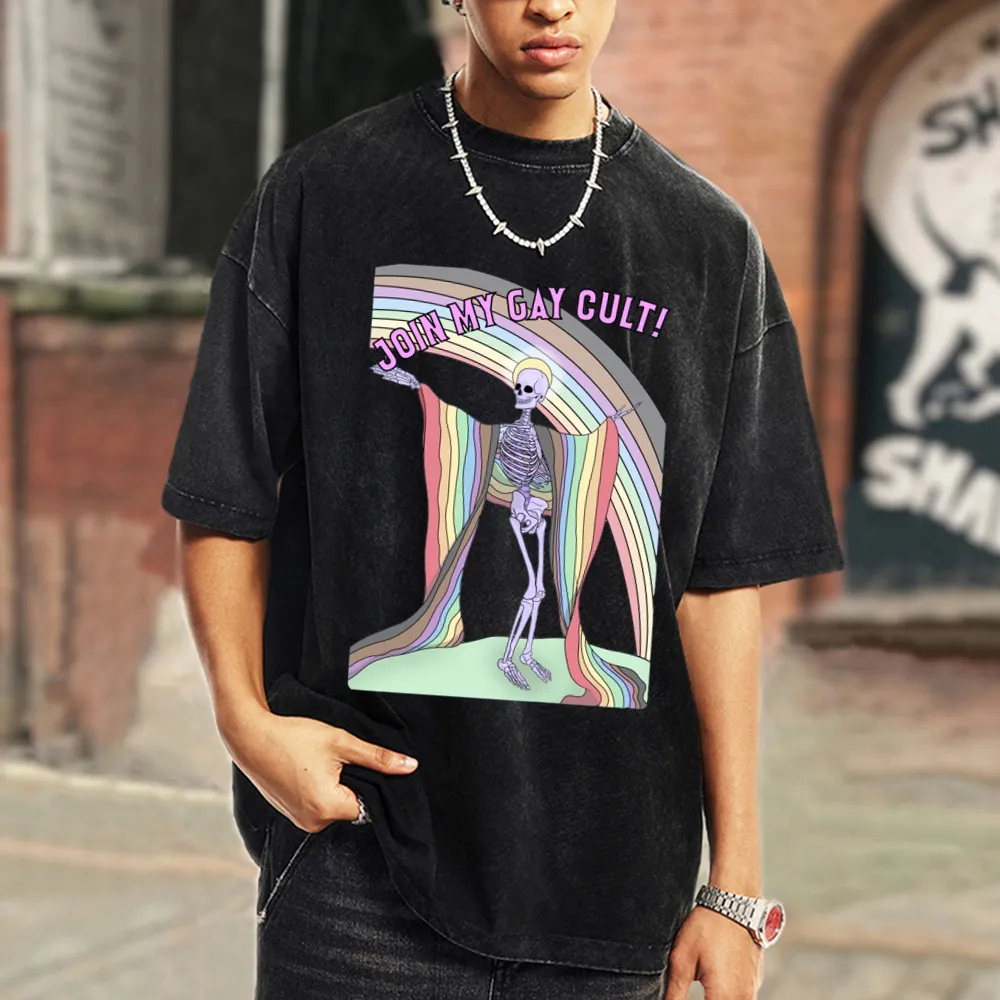 Join My Gay Cult Unisex Oversized Print Vintage Wash Denim T-Shirt