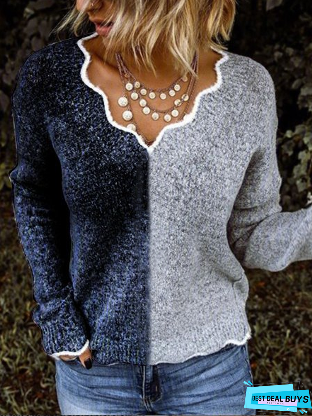 Gray Wool Blend Casual V Neck Sweater