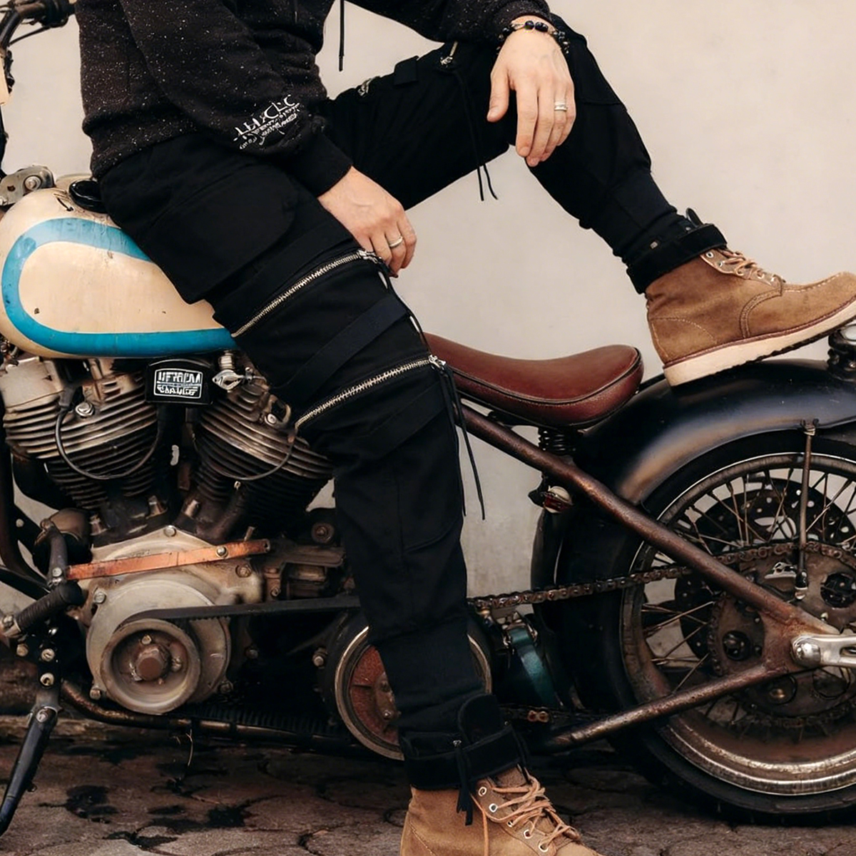 Cotton Blend Black Cargo Pants With Zipper Details