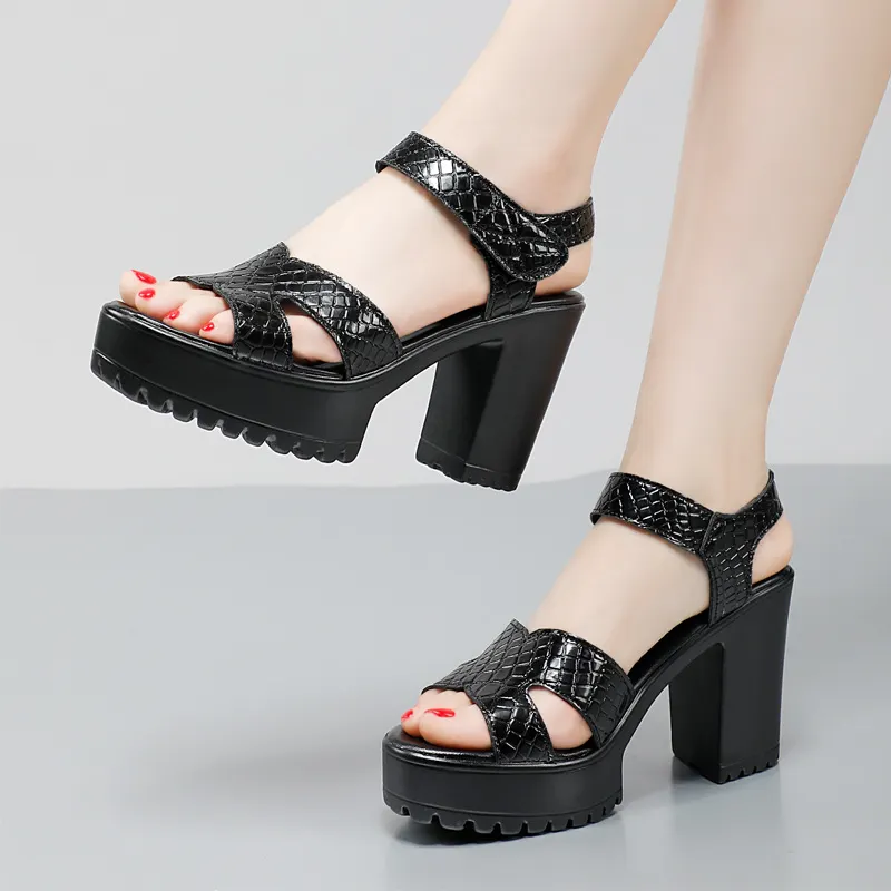 Breakj Breakj Leather High Heel Waterproof Sandals Women Fashion Crocodile Pattern Walking Shoes Summer Coarse Heel Magic Sticky H Women's Shoes