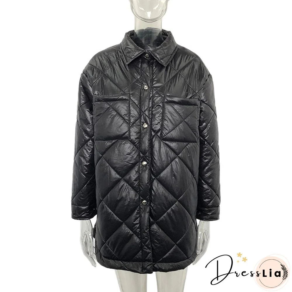 Malina Front Buttons Parkas Women Fashion Simple Argyle Coats Women Elegant Turn Down Collar Solid Cotton Jackets Female Ladies