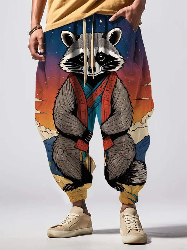 Men's Starry Sky Raccoon Japanese Art Print Loose Drawstring Waist Sweatpants