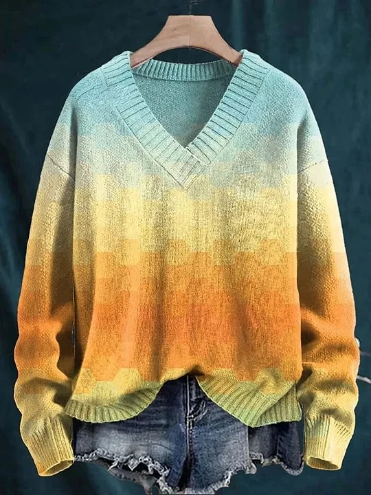 Light Orange Blue Gradient Plaid Mosaic Abstract Art Print Knit V-neck Pullover Sweater