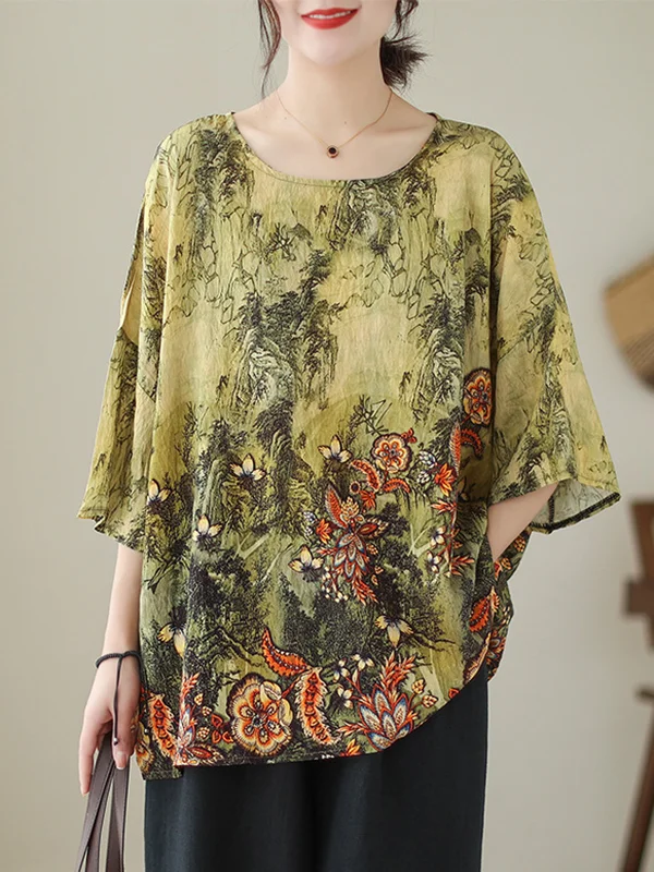 Printed Short Sleeves Loose Round-Neck T-Shirts Tops