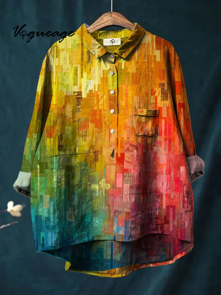 Color Pixel Blocks Printed Cotton And Linen Shirt