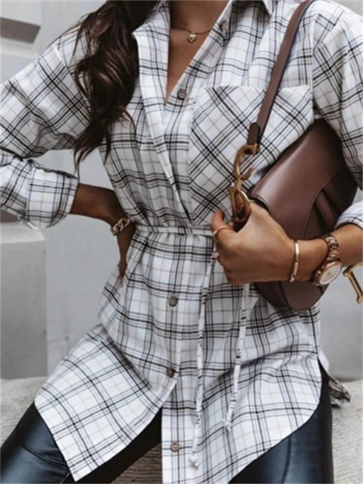 Long-sleeved Long A-line Fashion Plaid Ladies Shirt-JRSEE