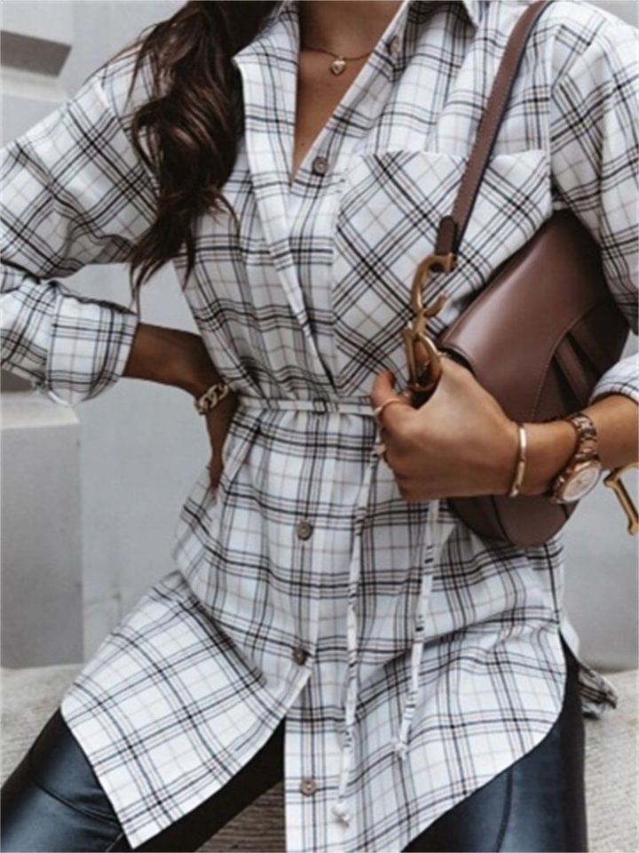 Long-sleeved Long A-line Fashion Plaid Ladies Shirt -vasmok