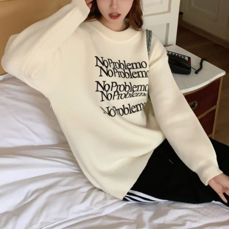 Toloer Toloer Style Letter Print Head Sweater Female Autumn Winter Show Thin Loose Lazy Casual Sense Sweater Top-Outfit Ideas