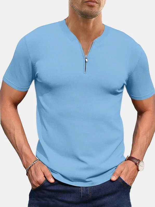 Men's Comfortable Solid Color Tight Zipper Short Sleeve Polo Shirt