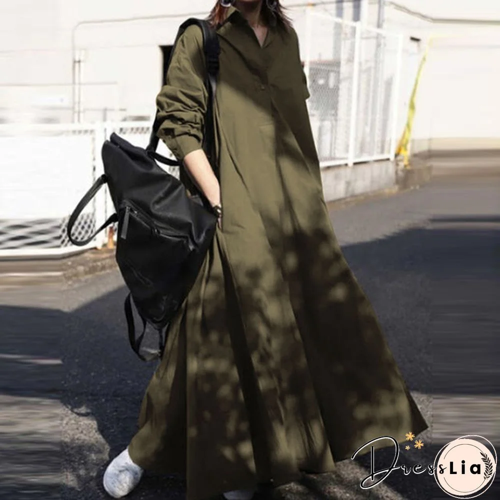 Women Turn-down Collar Long Sleeve Shirt Dress Loose Plain Maxi Blouse Dresses
