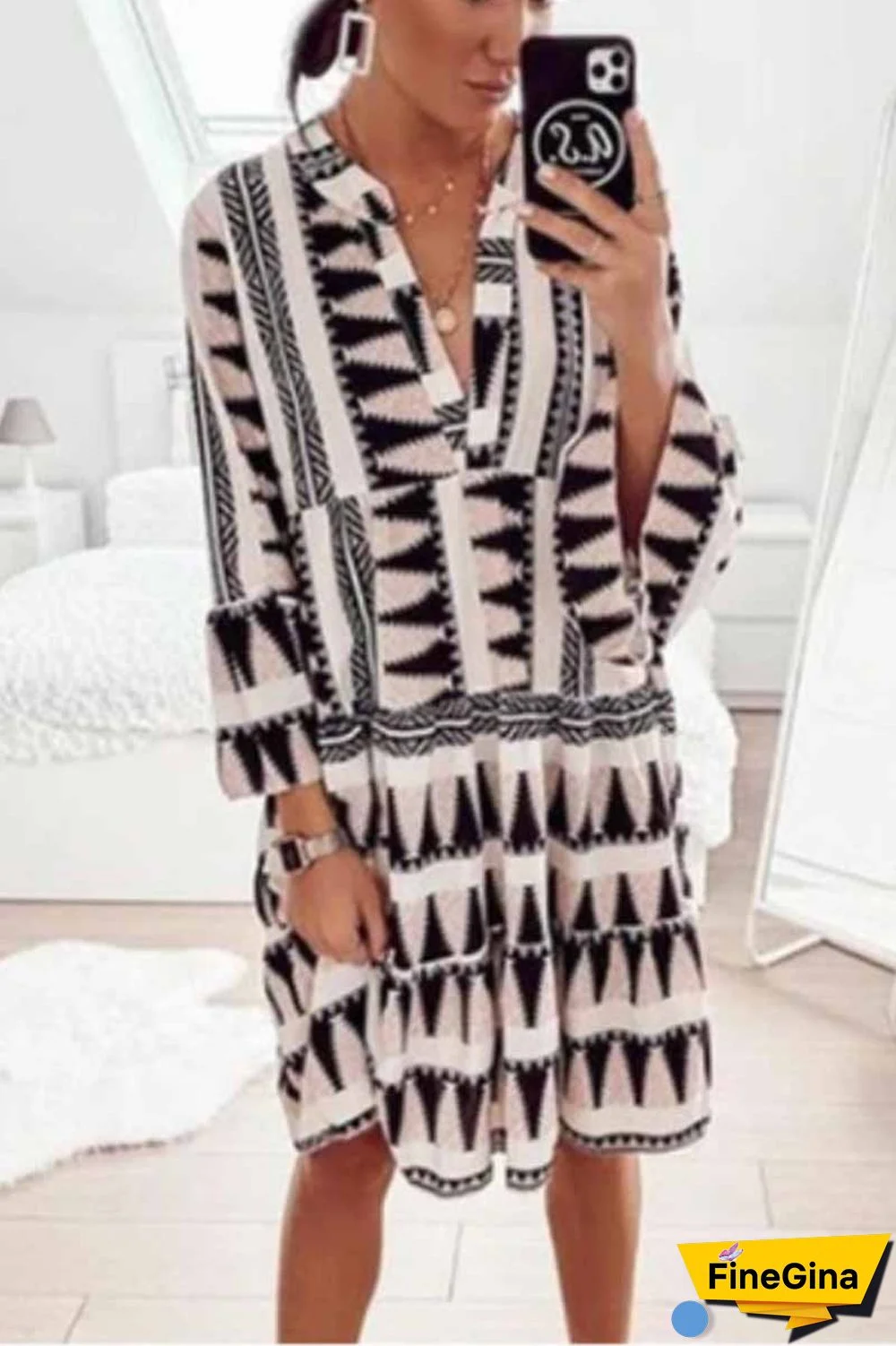 Geometric Print V-Neck Mini Dresses