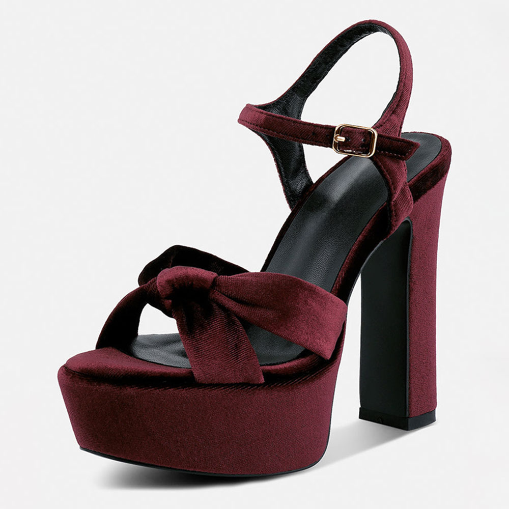 Burgundy Velvet Chunky High Heel Ankle Strap Dress Sandals for Women Nicepairs
