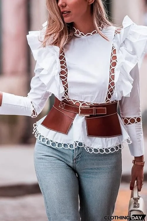 Ruffles Hollow Long Sleeve Shirt