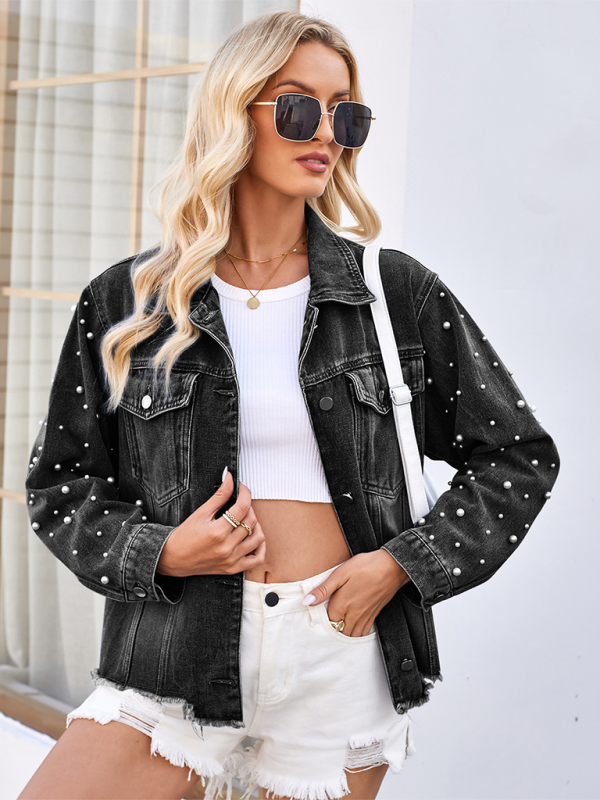 Mature Women Fashion Washed Beaded Long Sleeve Casual Denim Jacket Top