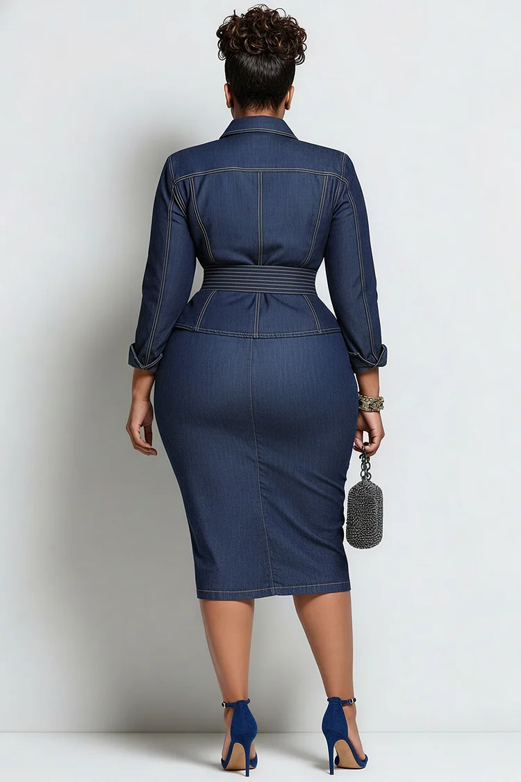 Xpluswear Design Plus Size Business Casual Blue Shirt Collar Long Sleeve Bodycon Elegant Ruffled Tencel Denim Two Piece Skirt Sets [Pre-Order]
