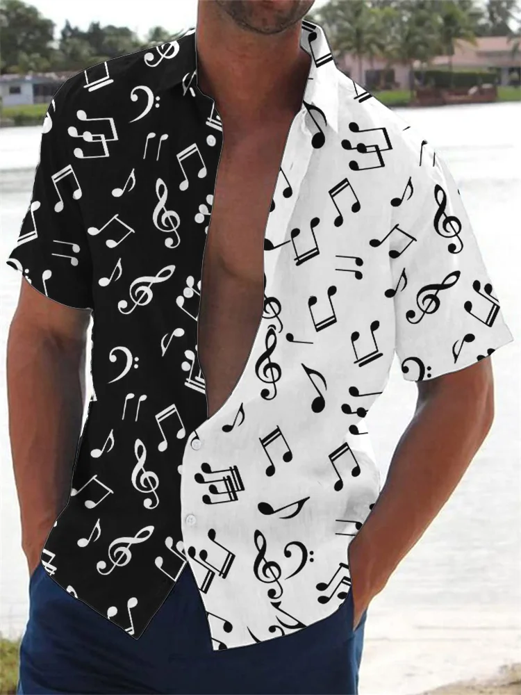 BrosWear Men's Music Notes Contrast Color Short Sleeve Shirt