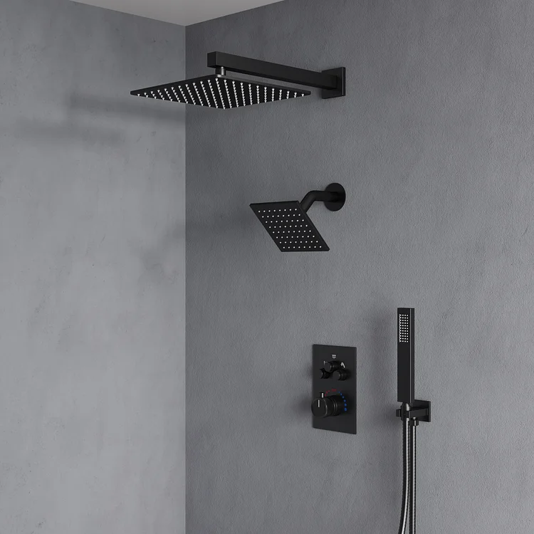 SFS-1003A-BK12 Wall-Mounted 12-Inch and 6-Inch Thermostatic Rainfall Shower with Push Button Diverter 