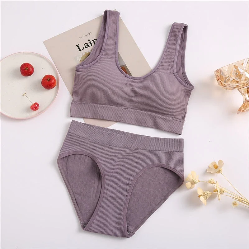 FINETOO Seamless Tops Set High Waist Panties Women Wireless Underwear Suit Soft Padded Bras Set S-XL Backless Bralette Lingerie