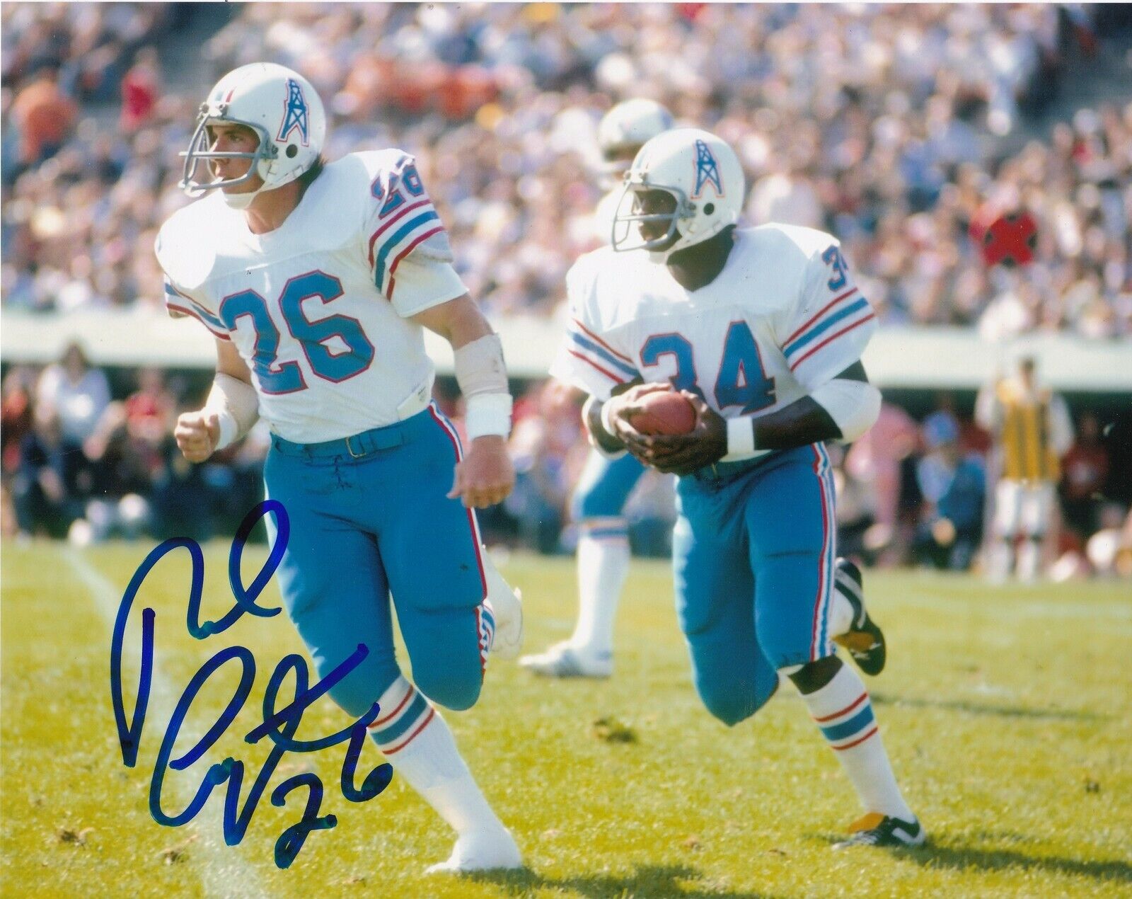 ROB CARPENTER HOUSTON OILERS W/ EARL CAMPBELL COLOR ACTION SIGNED 8x10