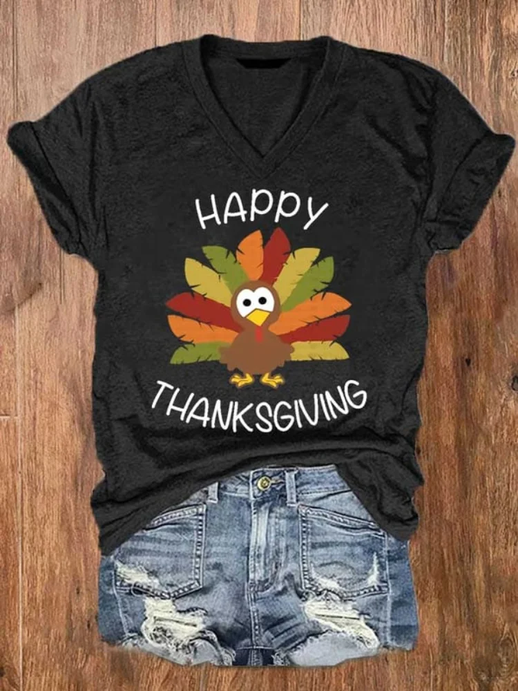 Wearshes Happy Thanksgiving Turkey Solid V Neck T Shirt
