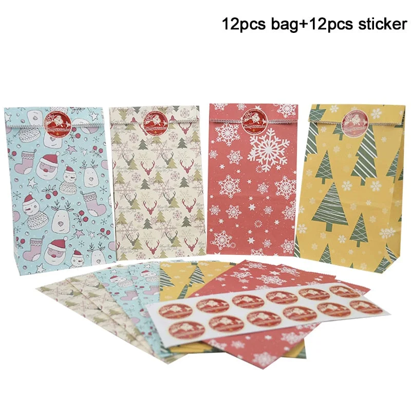 12Pcs Christmas Gift Bag Kraft Paper Candy Cookies Bag With Sticker Christmas Tree Food Packing Bags Xmas Birthday Party Decor