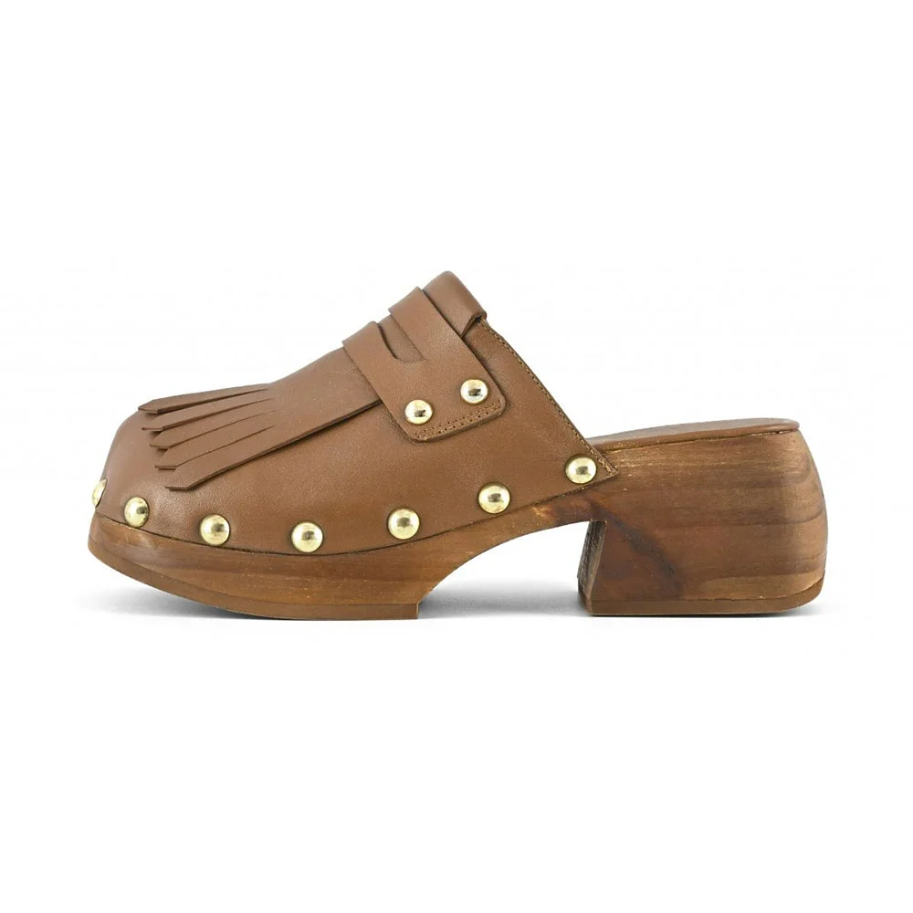 Brown Faux Leather Round Toe Clog Studded Fringe Platform Mules