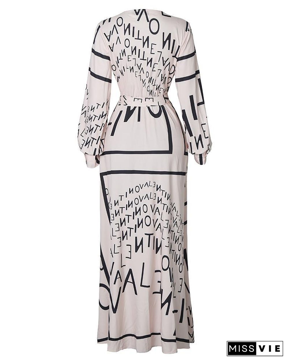 Letter Print Lantern Sleeve High Slit Maxi Dress P13222