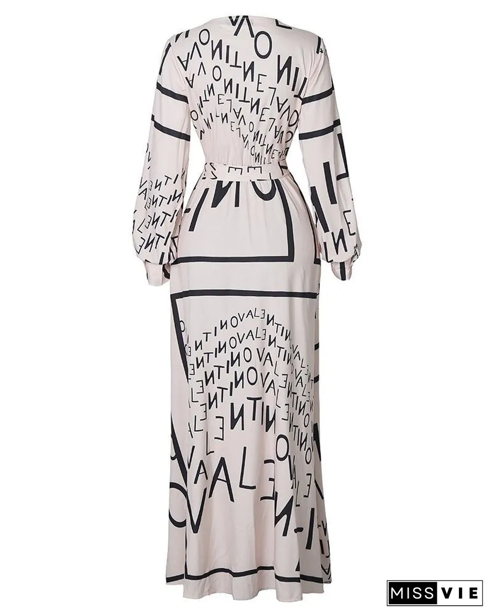Letter Print Lantern Sleeve High Slit Maxi Dress P13222