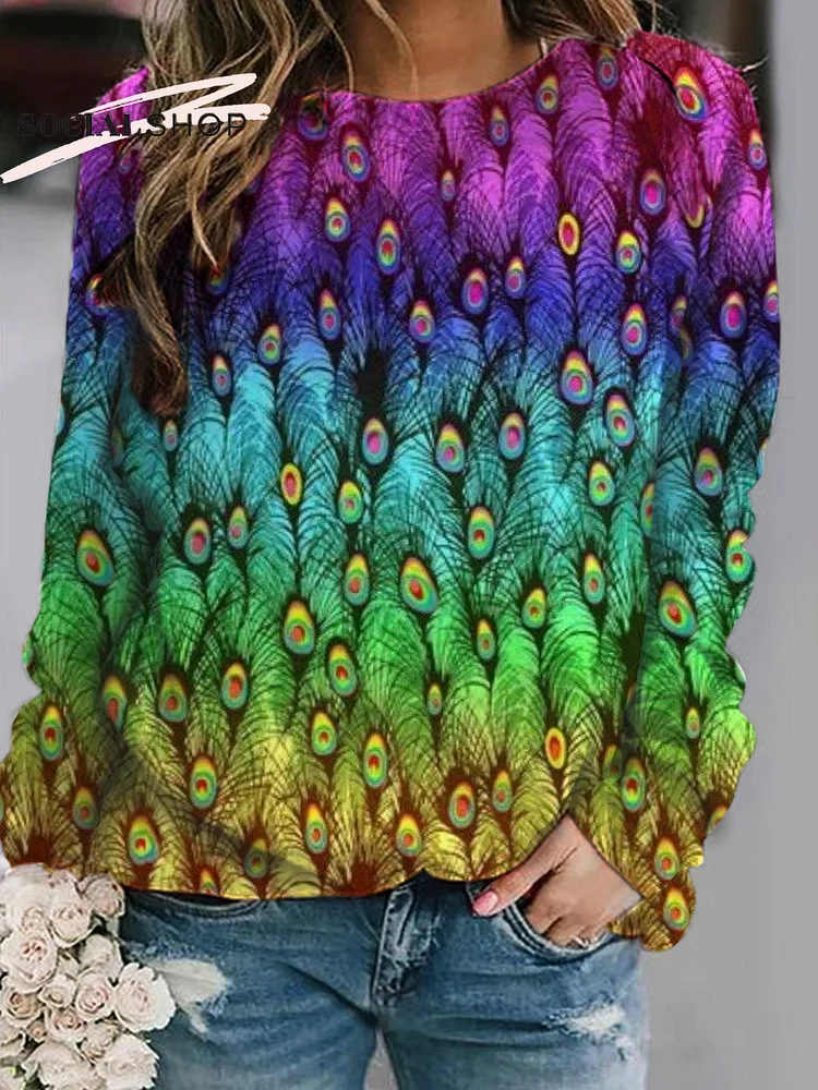 Exquisitely Detailed: Women's Sweatshirt with Multicolored Gradient Peacock Feather Patchwork socialshop