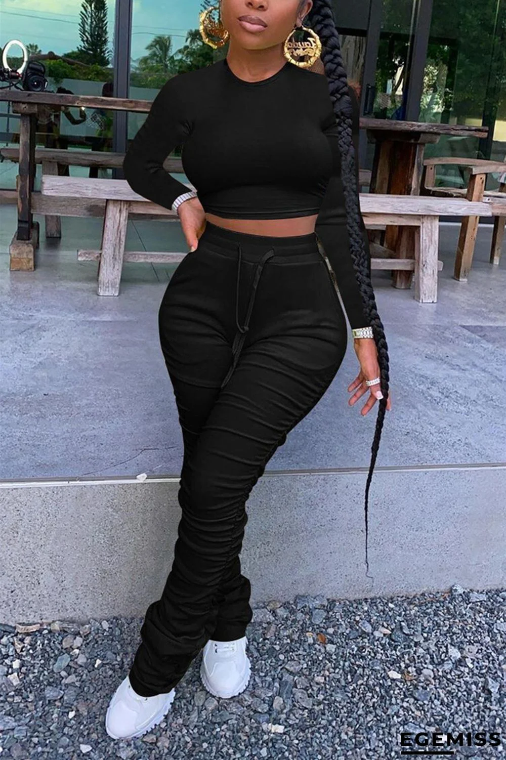 Black Fashion adult Ma'am Street Solid Draped Two Piece Suits pencil Long Sleeve Two Pieces | EGEMISS