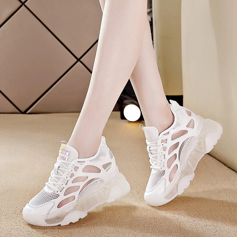 Fujin 8cm Platform Wedge Sneakers Women Shoes Genuine Leather Breathable Air Mesh Women Summer Shoes Chunky Spring Autumn 2022