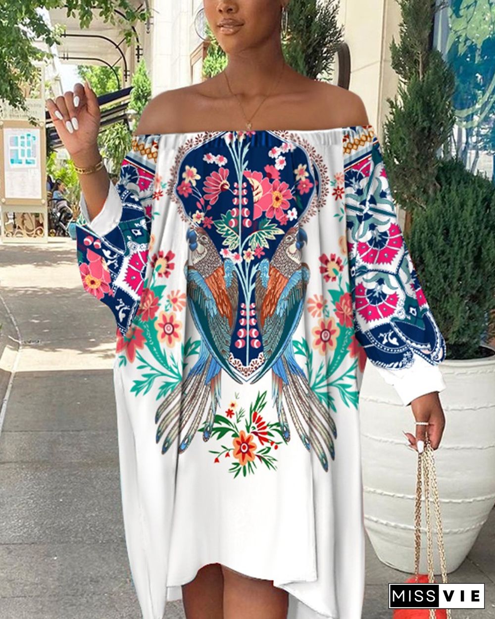 Floral Print Off Shoulder High Low Loose Dress