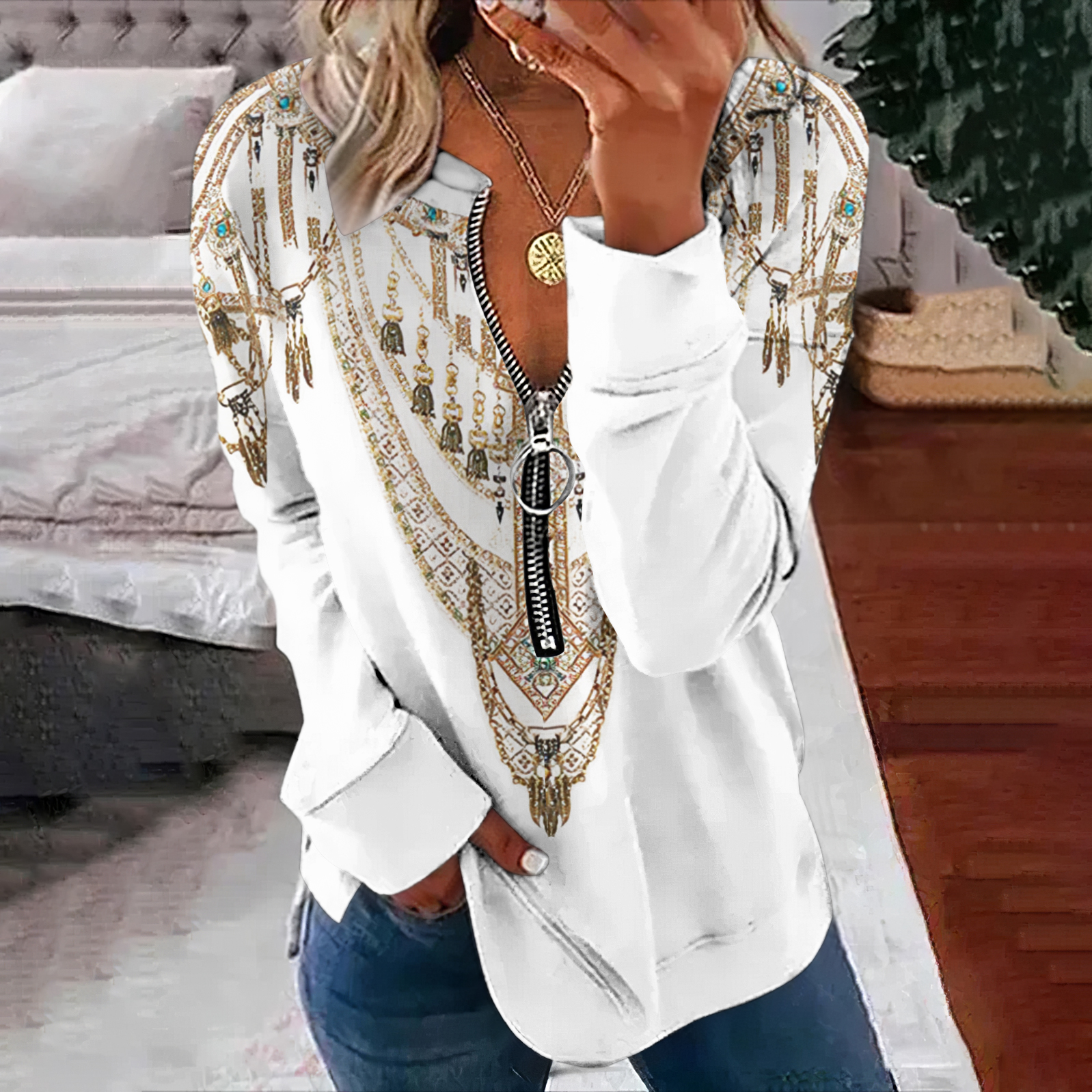  Women's Western Tribal Printed Zipper Casual Sweatshirt Westsshops