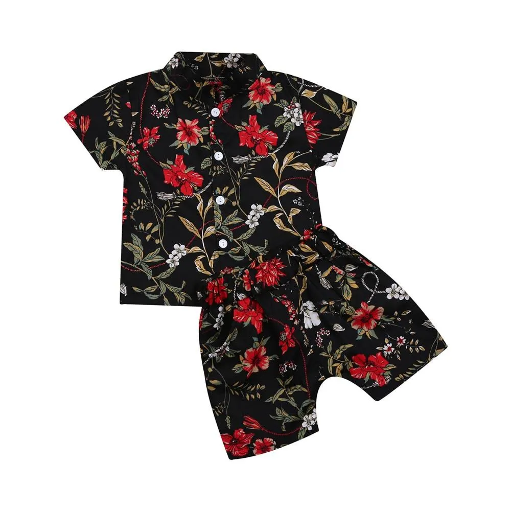 Infant Kids Boy Two Piece Set, Children's Lapel Short Sleeve Printed Shirt Elastic Waistband Shorts for Baby Summer