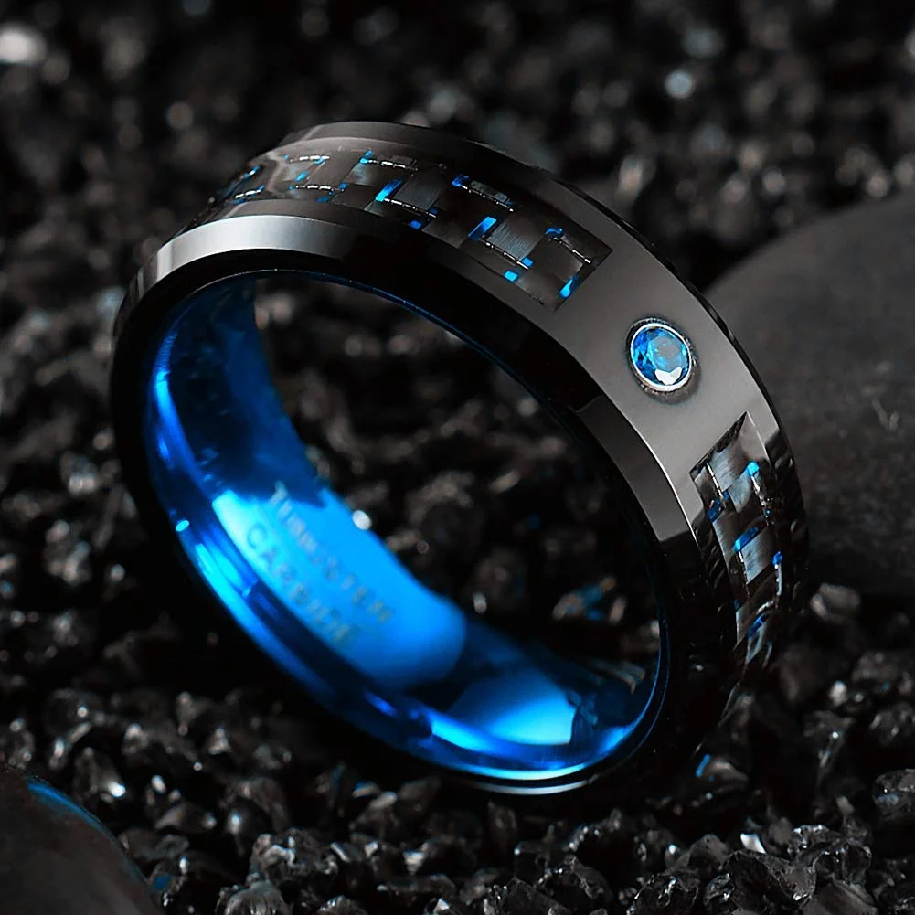 8MM Women Or Men's Blue/Black Tungsten Matching Carbide Beveled Edge Rings with CZ Inlay