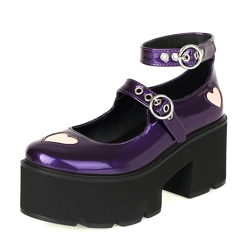 Gdgydh Belt Buckle Heart Gothic Lolita Shoes For Women Patent Leather Black Platform Chunky Heel Women Pumps Japanese Harajuku