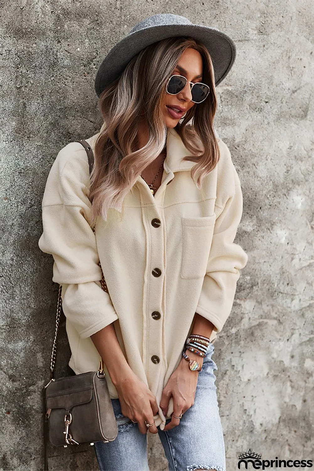 Turn Down Collar Pocket Button Closure Warm Coat