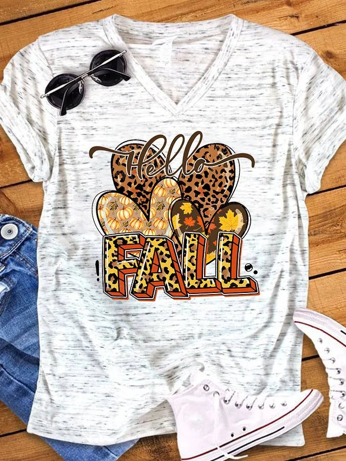 Women's Hello Heart Fall Print V-Neck T-Shirt