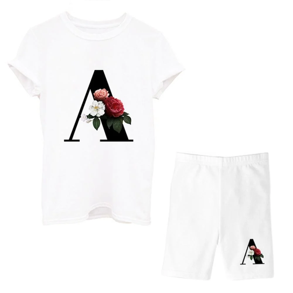 Two Piece Set Women Alphabet T Shirts And Shorts Set Summer Short Sleeve O-neck Casual Joggers Biker Shorts Outfit 26 Letter