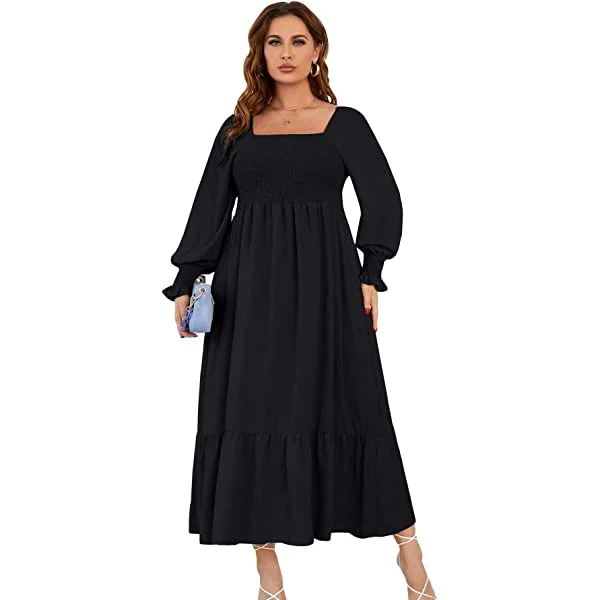 WDIRARA Women's Square Neck Flounce Shirred Ruffle Hem Elegant Long Sleeve Maxi Dress X-Small Apricot