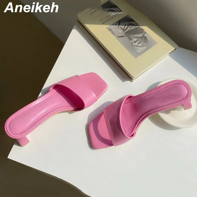 Aneikeh New Summer Women Shoes Square Toe Slides Rubber PU Solid Outside 5CM Thin Heels Adult Shallow Beach Slippers Size 35-42