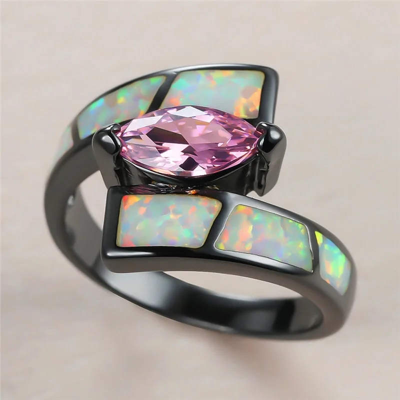 Dainty Female Pink Leaf Crystal Big Rings Charm 14KT Black Gold Wedding Rings For Women Vintage Bride White Opal Engagement Ring
