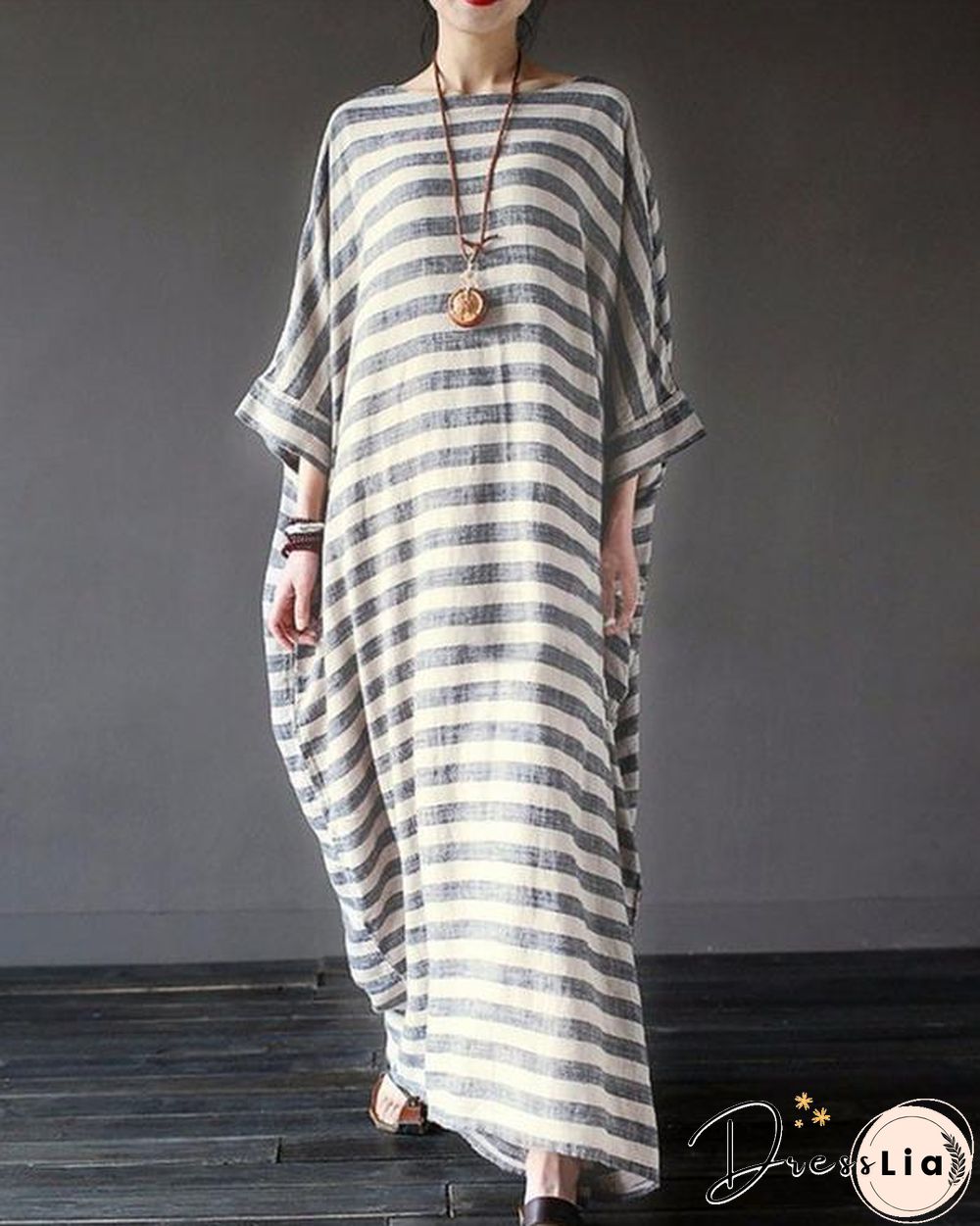 Women Casual Striped Linen Crew Neck Plus Size Dress