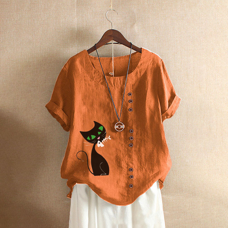 Groksage Woman Blouse 2025 Summer Retro Casual Loose Fitting Cotton And Linen Short Sleeved Pullover Shirt Ladies Botton Cat Print Tops