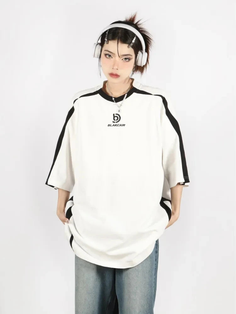OLCooL Letter Oversized T Shirt Women Hip Hop Streetwear Short Sleeve Tees Summer Casual Harajuku Striped Tops Vintage Clothes olcool