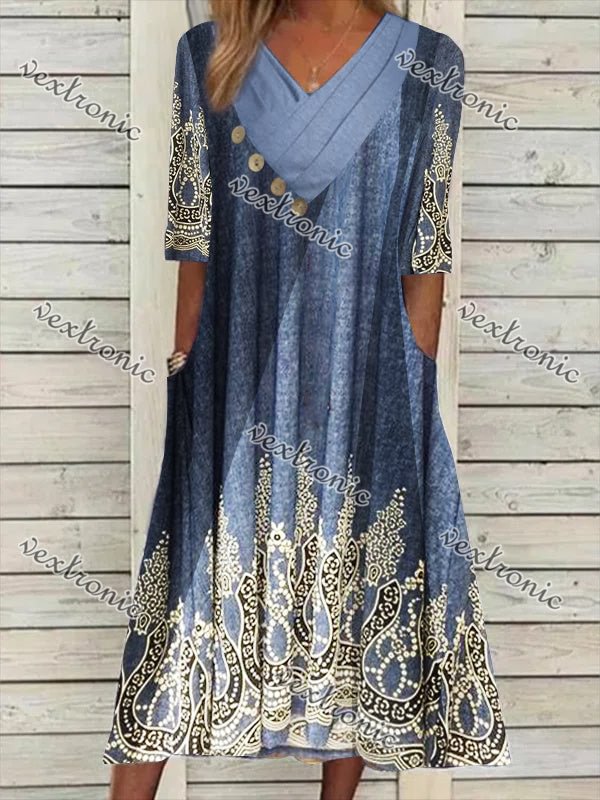 Women's Short Sleeve V-neck Floral Printed Graphic Button Midi Dress With Pockets