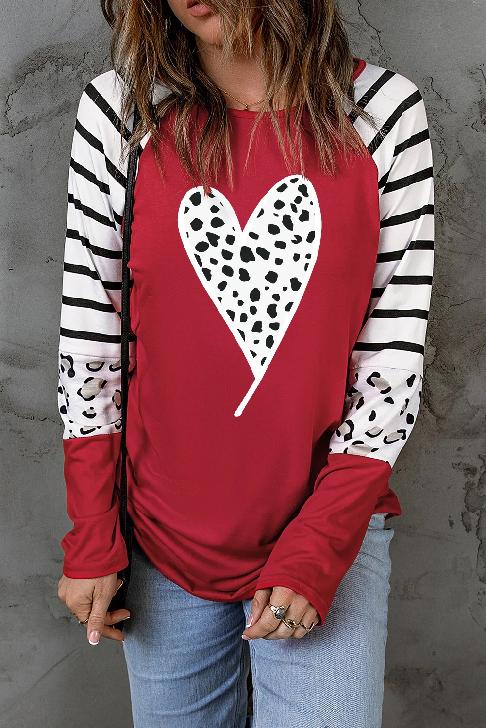 Red Valentines Leopard Heart Print Color Block Long Sleeve Top | IFYHOME