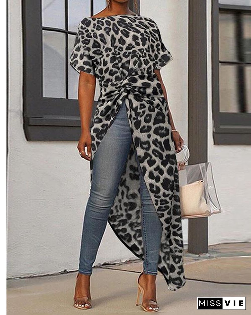 Women Loose High Low Tops Leopard Print Casual Shirts