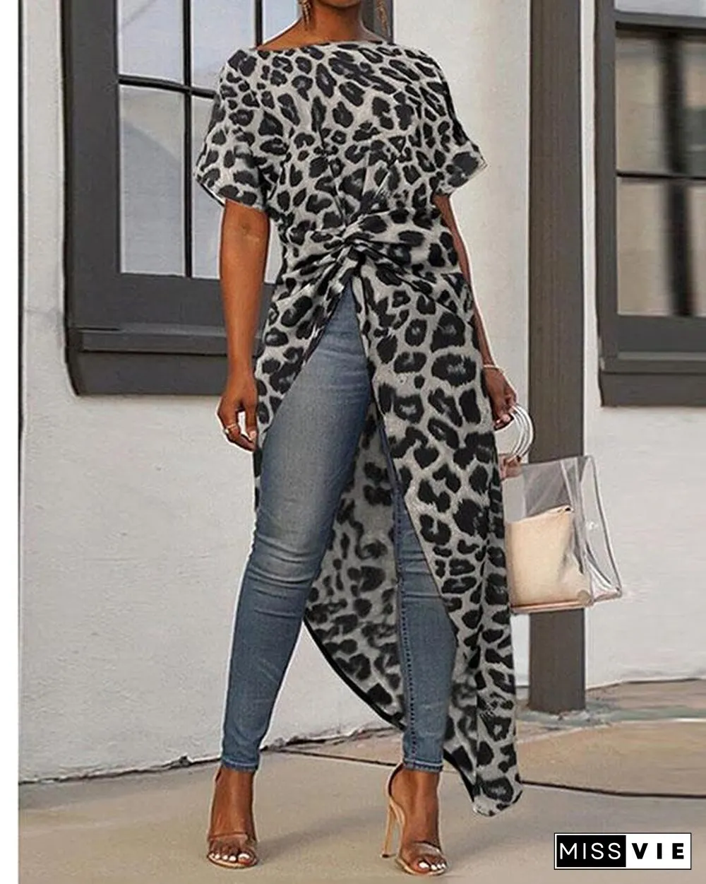 Women Loose High Low Tops Leopard Print Casual Shirts